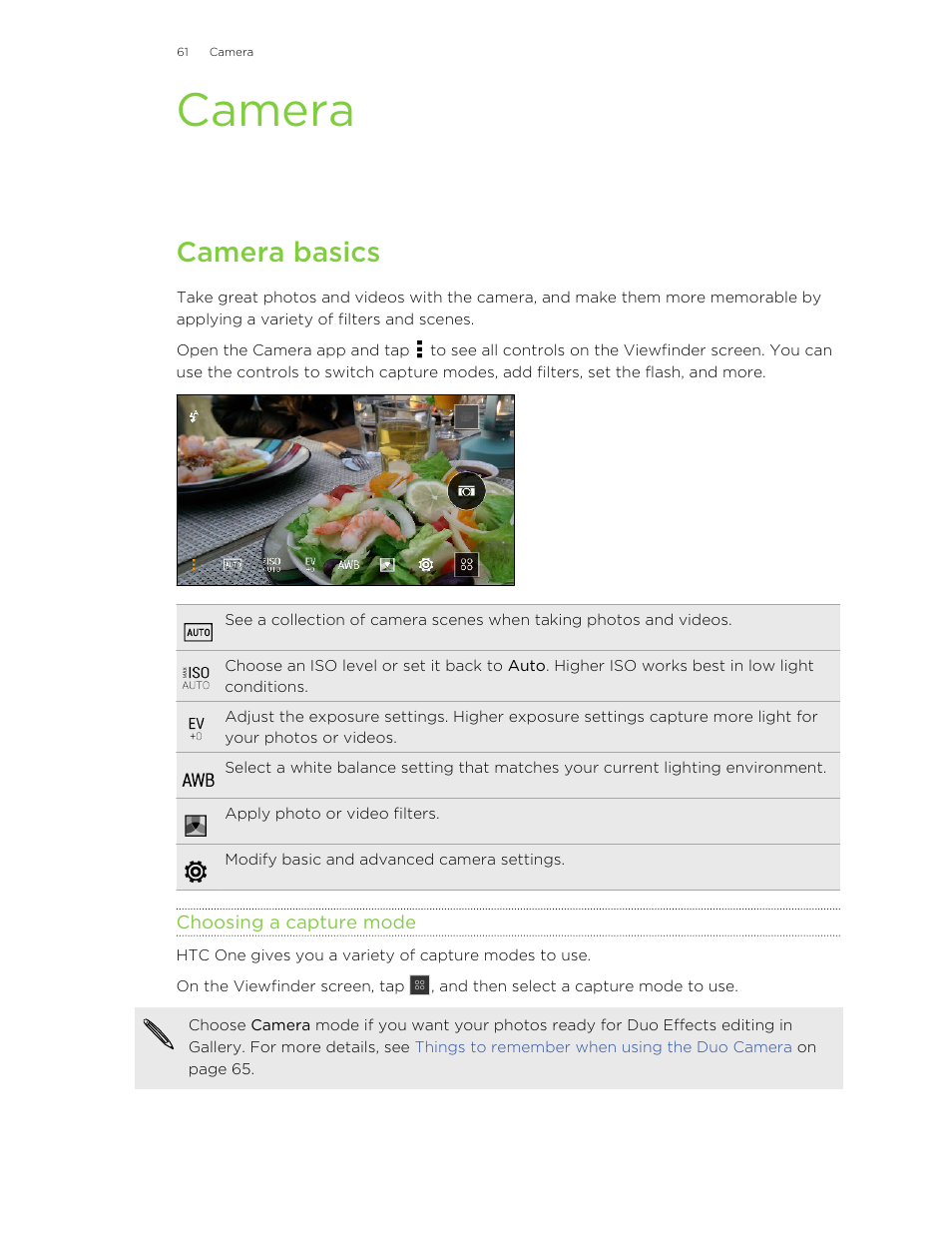 Camera, Camera basics, Choosing a capture mode | HTC One M8 User Manual | Page 61 / 201