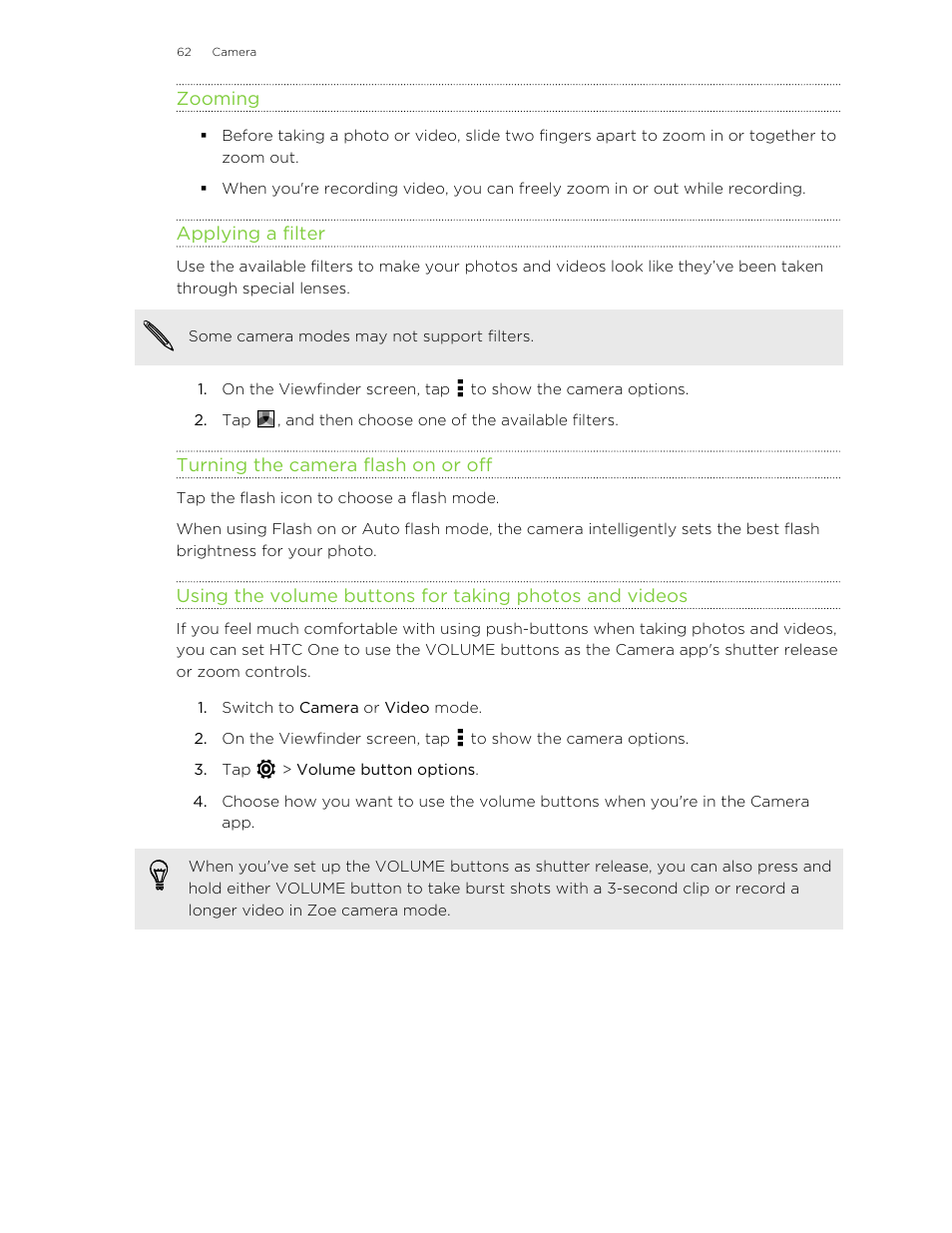 Zooming, Applying a filter, Turning the camera flash on or off | HTC One M8 User Manual | Page 62 / 201