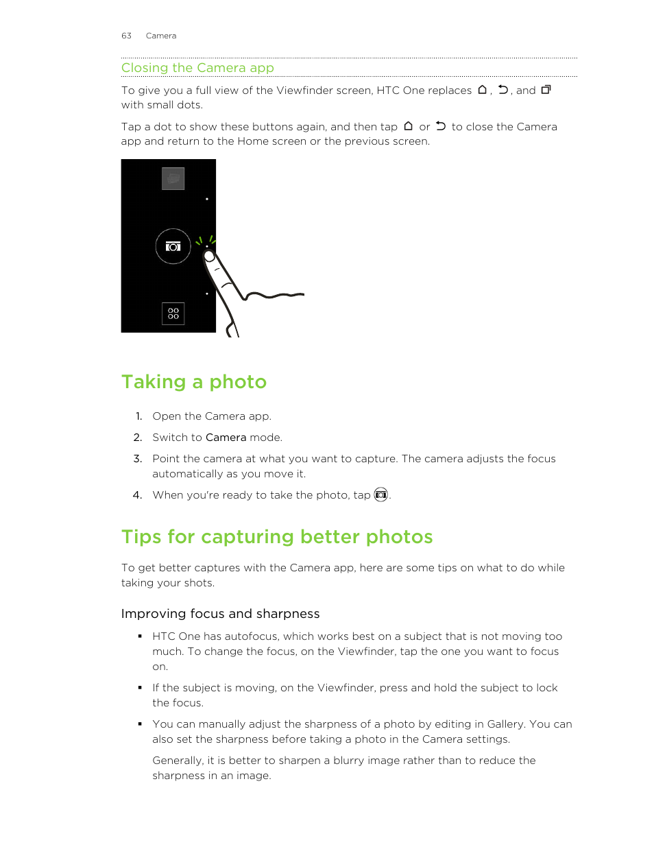 Closing the camera app, Taking a photo, Tips for capturing better photos | HTC One M8 User Manual | Page 63 / 201