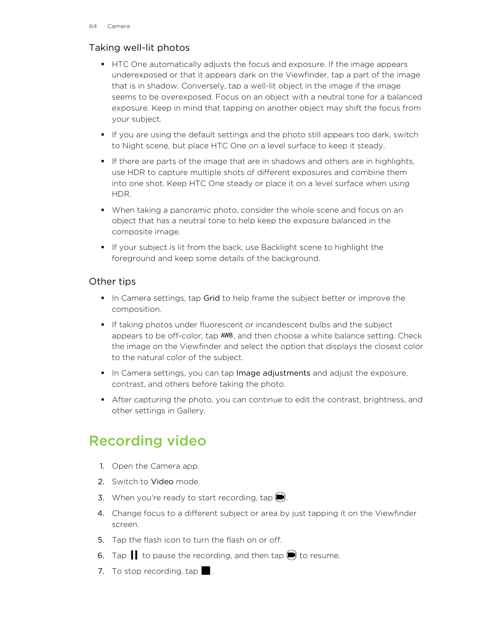 Recording video | HTC One M8 User Manual | Page 64 / 201