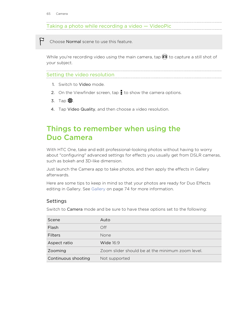 Taking a photo while recording a video — videopic, Setting the video resolution, Things to remember when using the duo camera | Taking, A photo while recording a video — videopic | HTC One M8 User Manual | Page 65 / 201