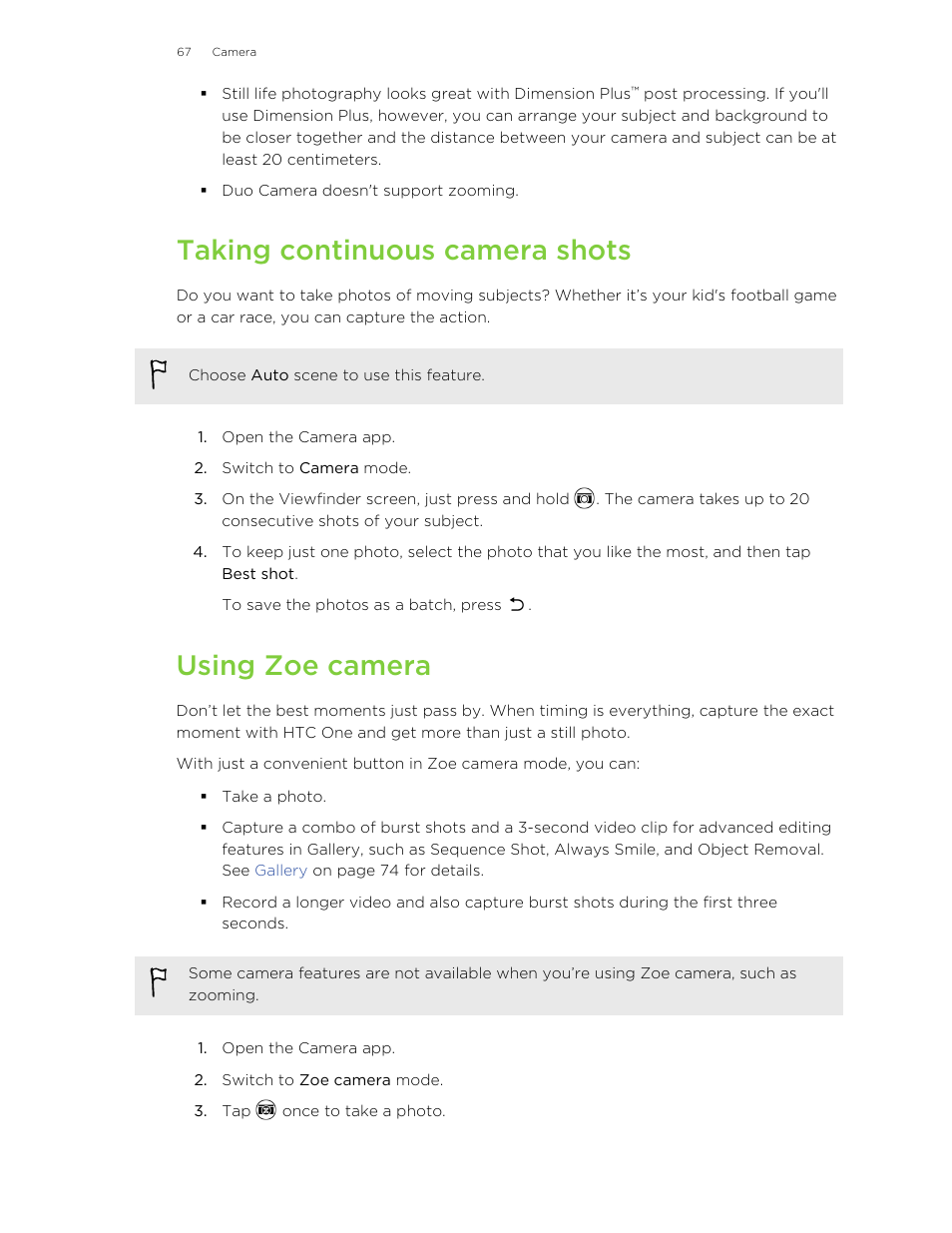 Taking continuous camera shots, Using zoe camera, Mode. see | HTC One M8 User Manual | Page 67 / 201