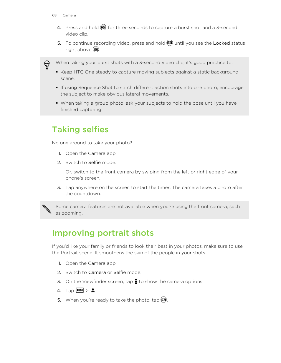 Taking selfies, Improving portrait shots | HTC One M8 User Manual | Page 68 / 201