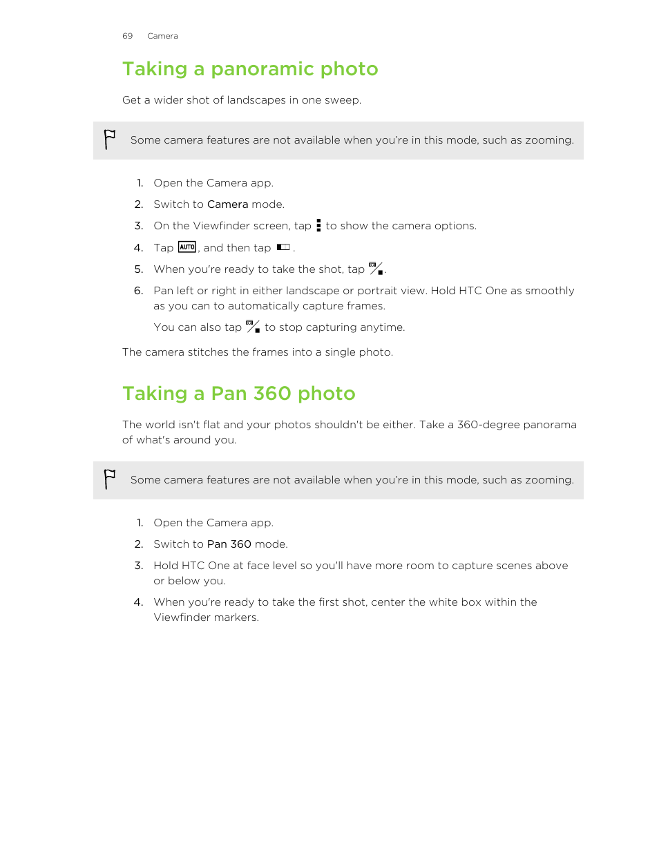 Taking a panoramic photo, Taking a pan 360 photo | HTC One M8 User Manual | Page 69 / 201