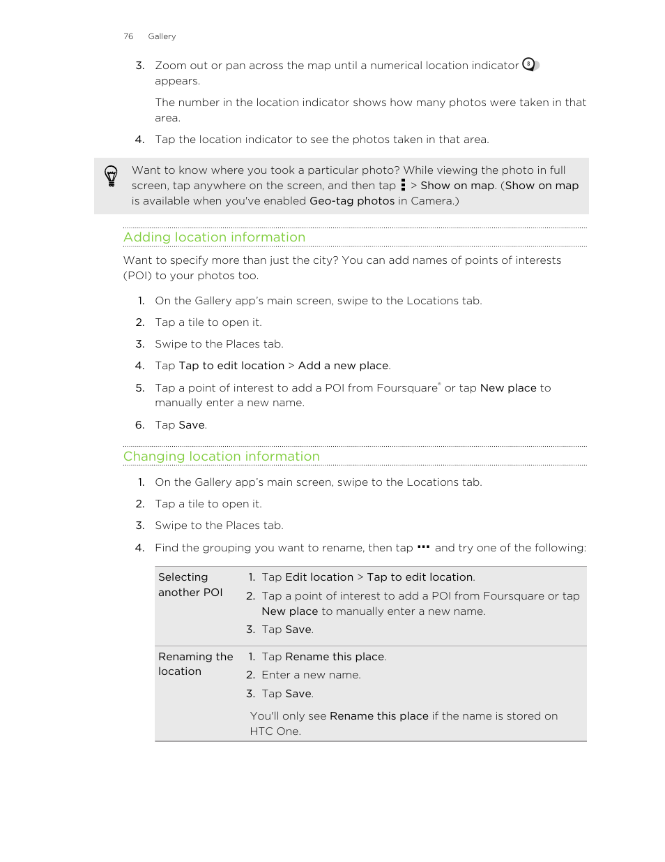 Adding location information, Changing location information | HTC One M8 User Manual | Page 76 / 201