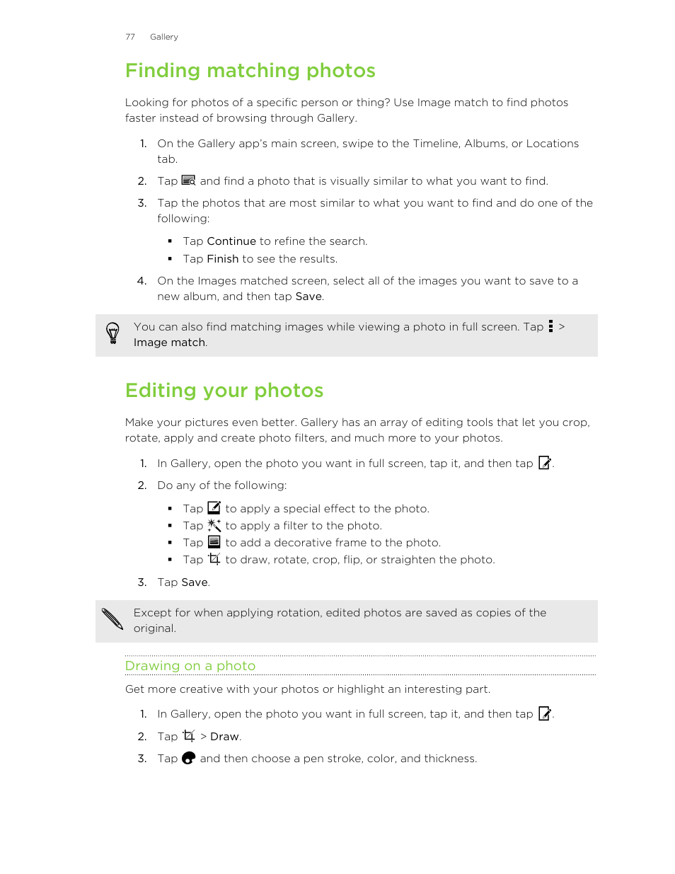Finding matching photos, Editing your photos, Drawing on a photo | HTC One M8 User Manual | Page 77 / 201