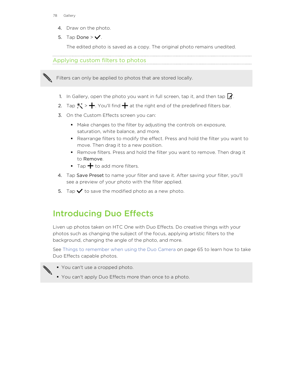 Applying custom filters to photos, Introducing duo effects | HTC One M8 User Manual | Page 78 / 201