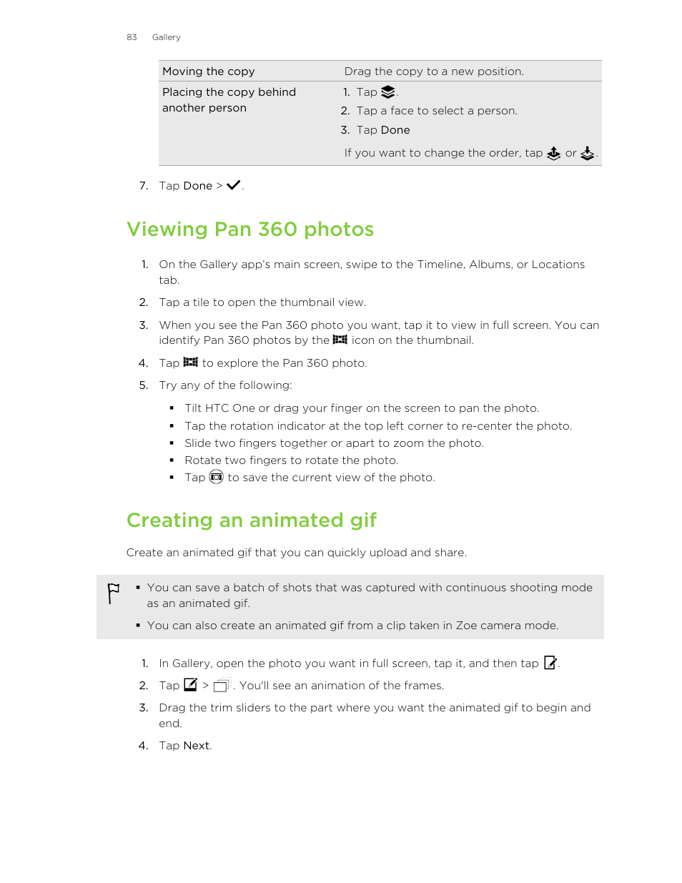 Viewing pan 360 photos, Creating an animated gif | HTC One M8 User Manual | Page 83 / 201