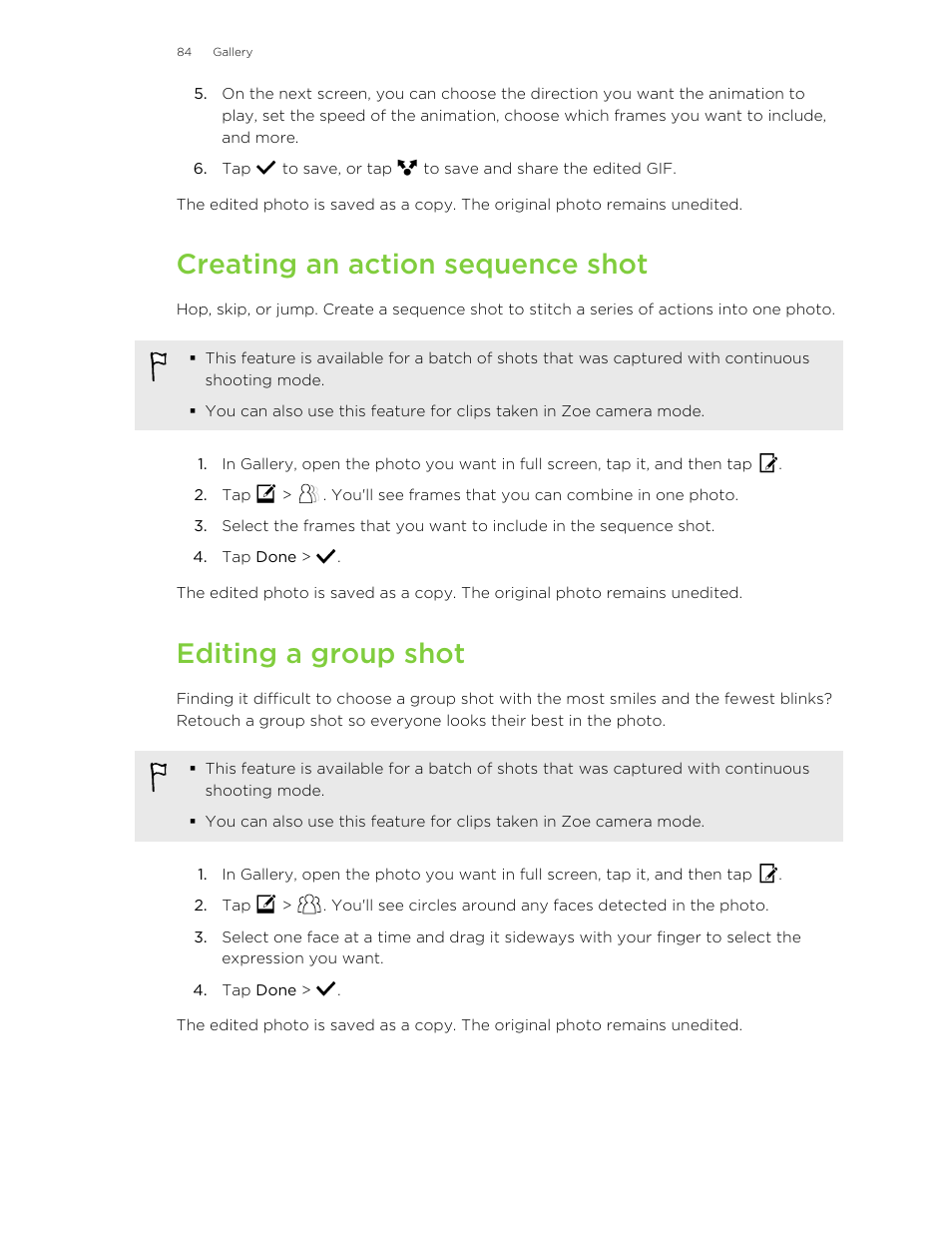 Creating an action sequence shot, Editing a group shot | HTC One M8 User Manual | Page 84 / 201