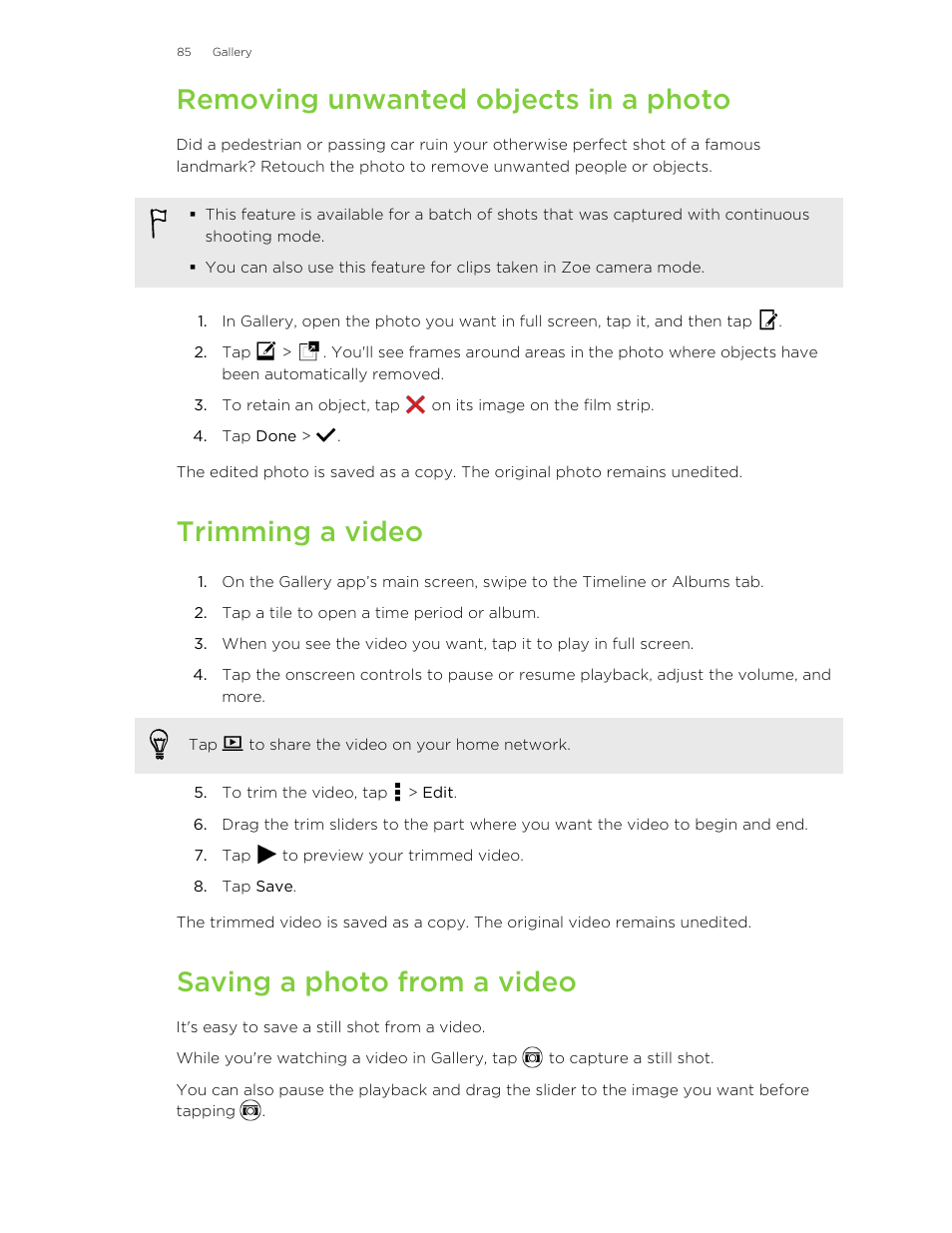 Removing unwanted objects in a photo, Trimming a video, Saving a photo from a video | HTC One M8 User Manual | Page 85 / 201