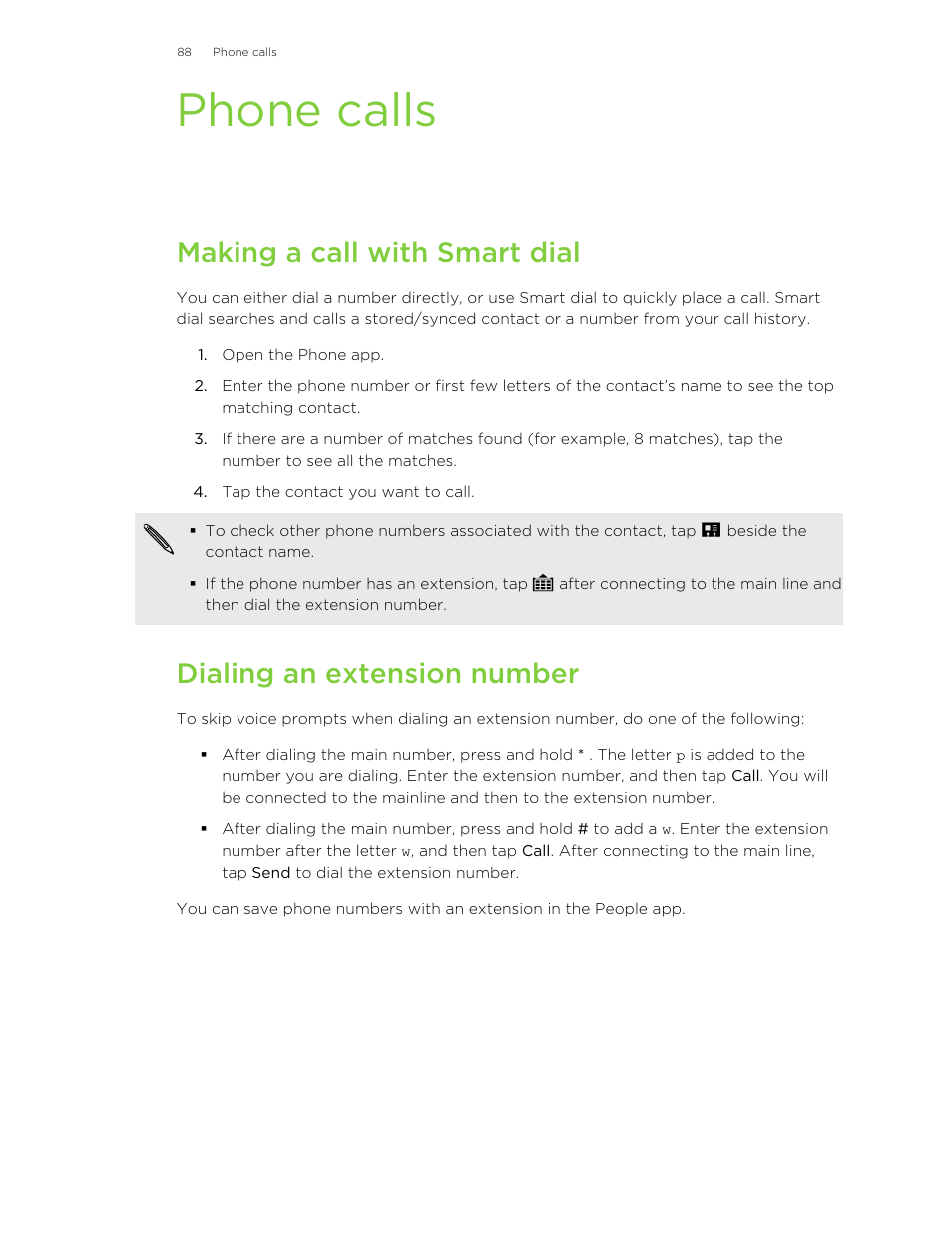 Phone calls, Making a call with smart dial, Dialing an extension number | HTC One M8 User Manual | Page 88 / 201