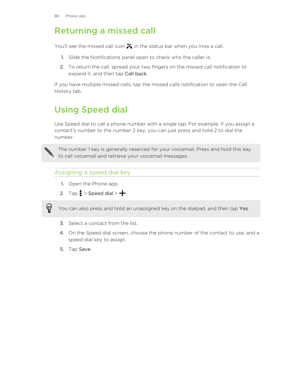 Returning a missed call, Using speed dial, Assigning a speed dial key | HTC One M8 User Manual | Page 89 / 201