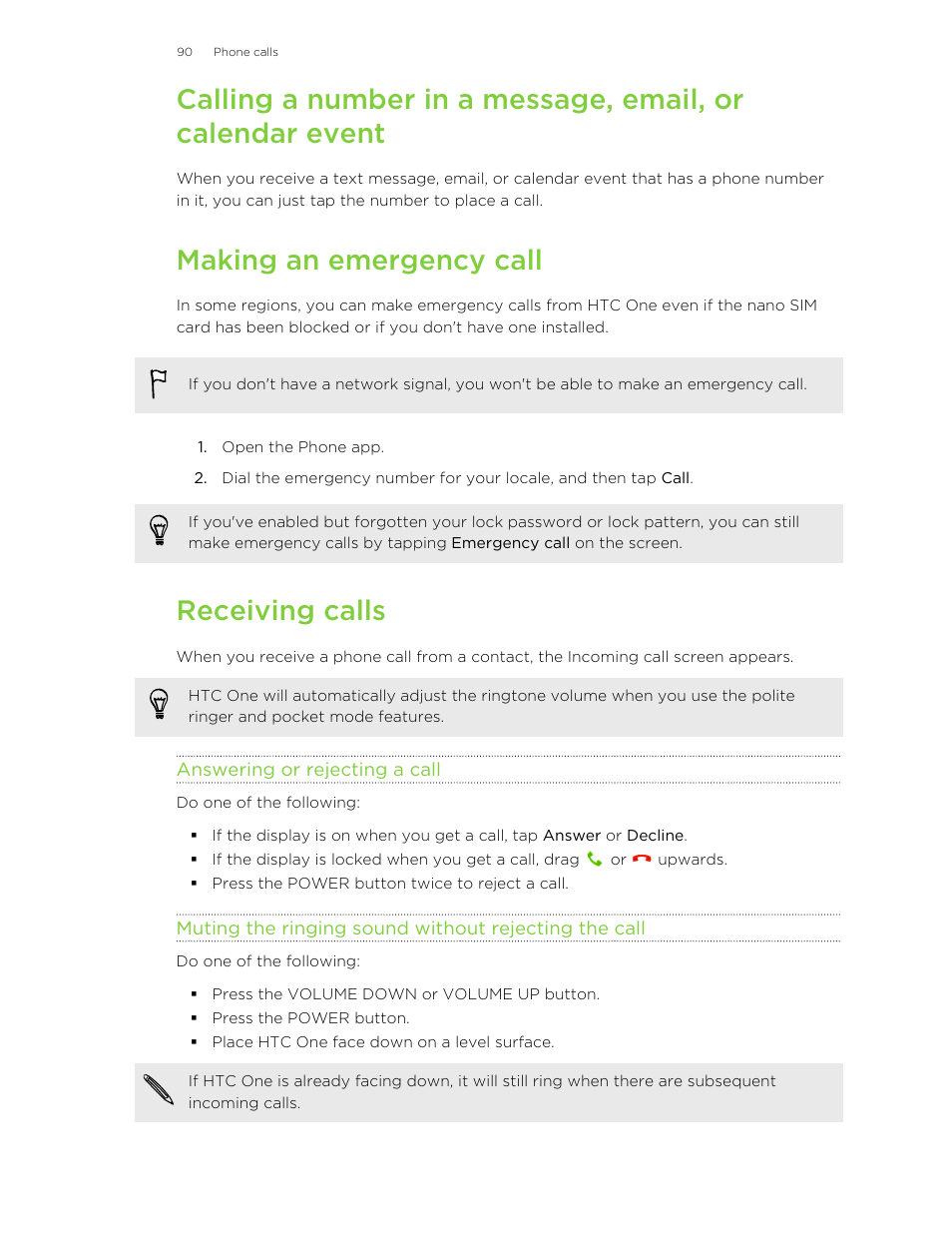 Making an emergency call, Receiving calls, Answering or rejecting a call | HTC One M8 User Manual | Page 90 / 201