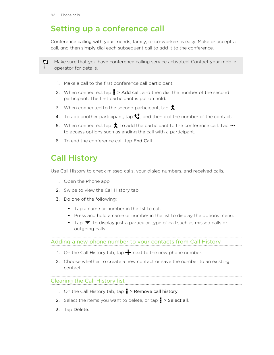 Setting up a conference call, Call history, Clearing the call history list | HTC One M8 User Manual | Page 92 / 201