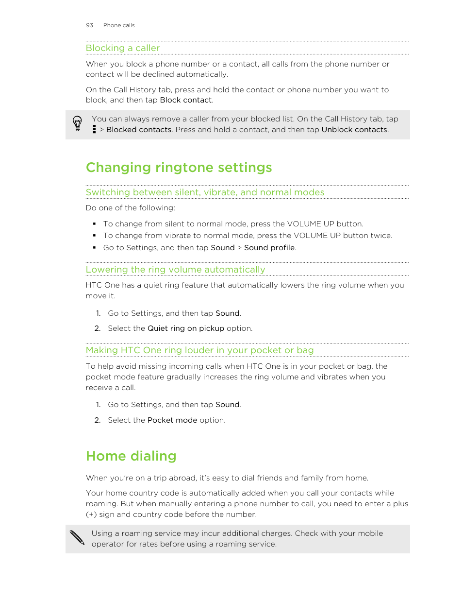 Blocking a caller, Changing ringtone settings, Lowering the ring volume automatically | Making htc one ring louder in your pocket or bag, Home dialing | HTC One M8 User Manual | Page 93 / 201