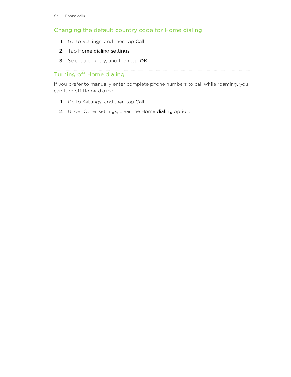 Changing the default country code for home dialing, Turning off home dialing | HTC One M8 User Manual | Page 94 / 201