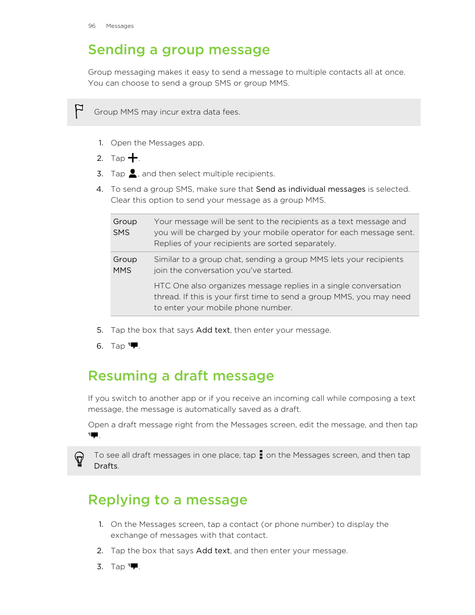 Sending a group message, Resuming a draft message, Replying to a message | HTC One M8 User Manual | Page 96 / 201