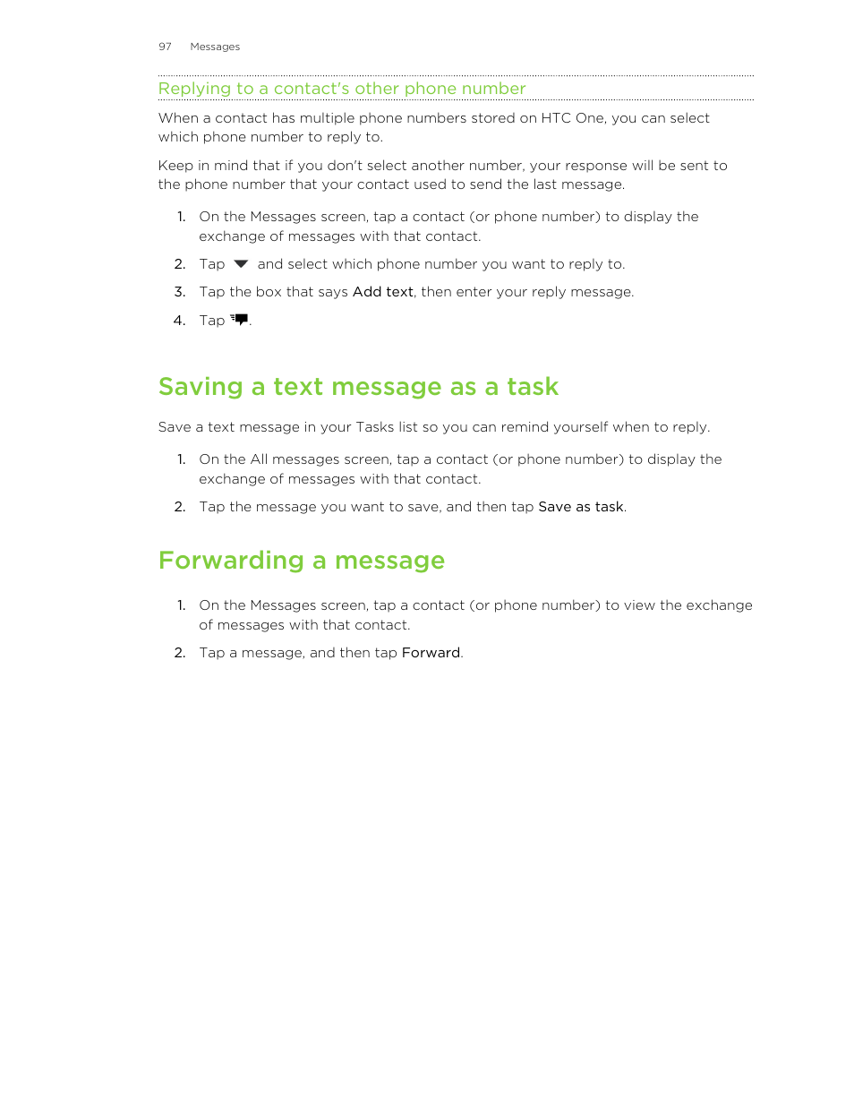Replying to a contact's other phone number, Saving a text message as a task, Forwarding a message | HTC One M8 User Manual | Page 97 / 201