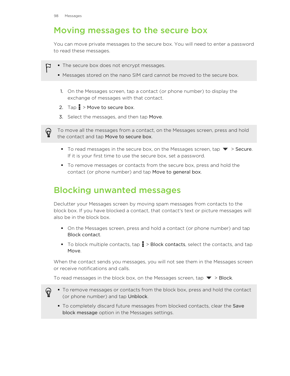 Moving messages to the secure box, Blocking unwanted messages | HTC One M8 User Manual | Page 98 / 201