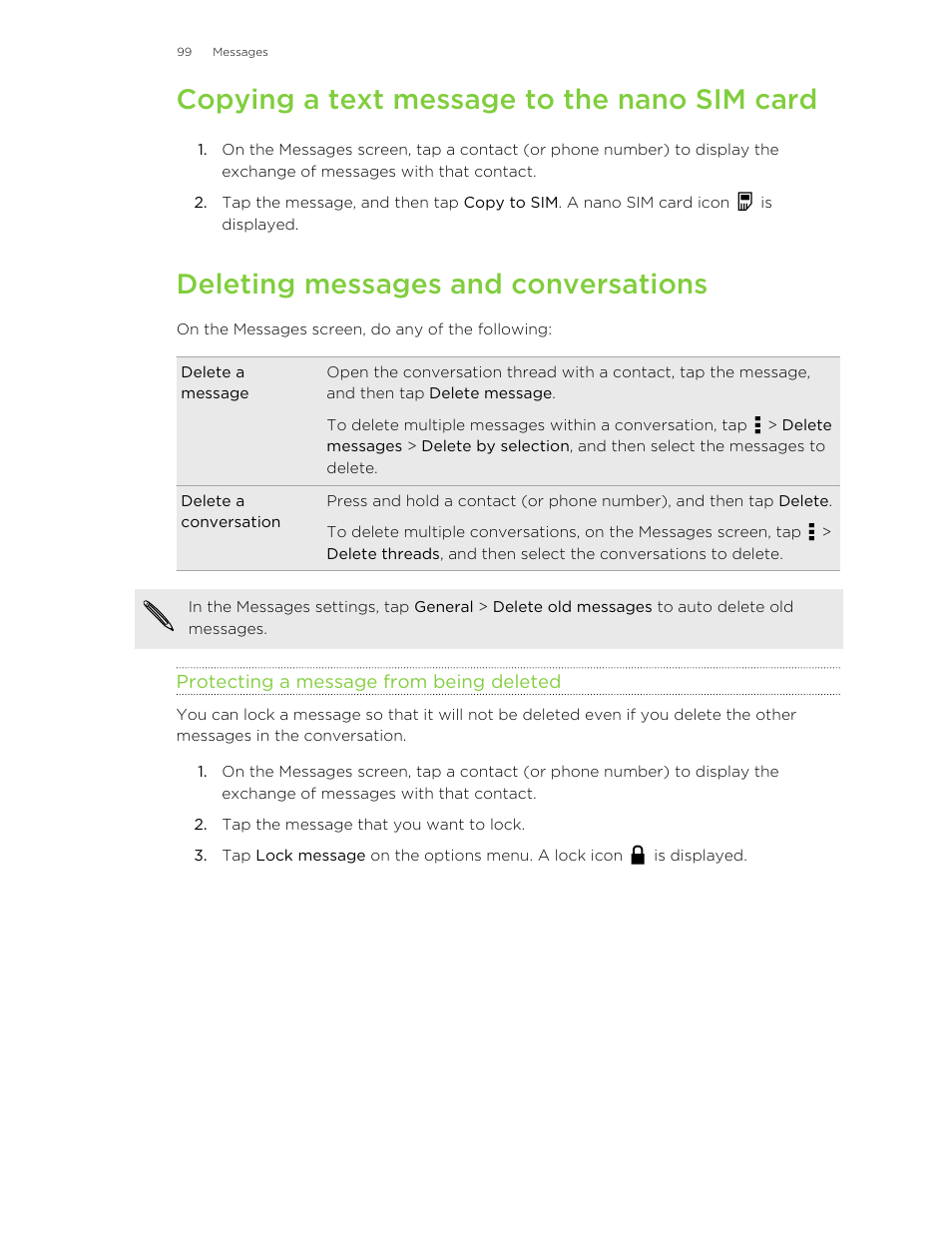 Copying a text message to the nano sim card, Deleting messages and conversations, Protecting a message from being deleted | HTC One M8 User Manual | Page 99 / 201