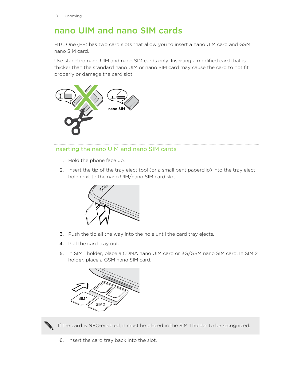 Nano uim and nano sim cards, Inserting the nano uim and nano sim cards | HTC One E8 User Manual | Page 10 / 185