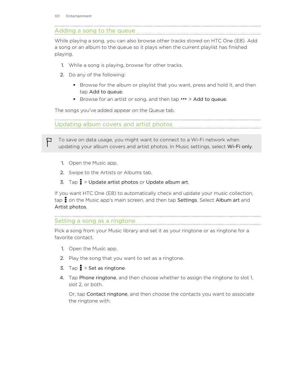 Adding a song to the queue, Updating album covers and artist photos, Setting a song as a ringtone | HTC One E8 User Manual | Page 101 / 185