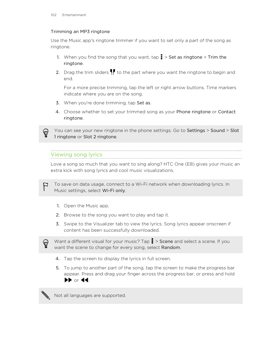 Trimming an mp3 ringtone, Viewing song lyrics, Are available, they'll show onscreen. see | HTC One E8 User Manual | Page 102 / 185