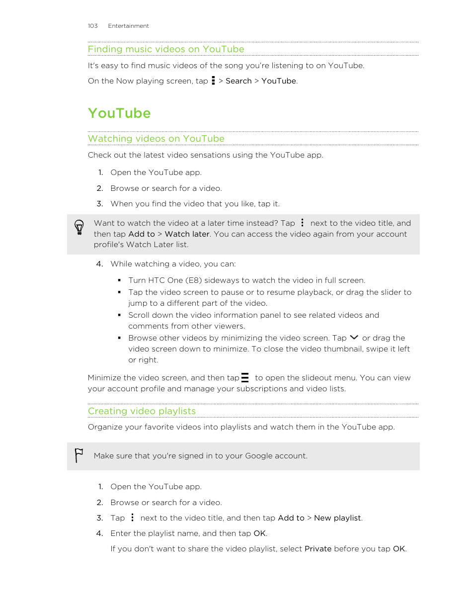 Finding music videos on youtube, Youtube, Watching videos on youtube | Creating video playlists | HTC One E8 User Manual | Page 103 / 185