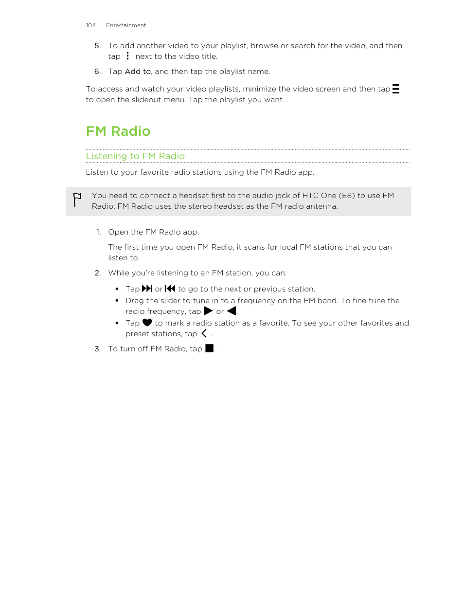 Fm radio, Listening to fm radio | HTC One E8 User Manual | Page 104 / 185