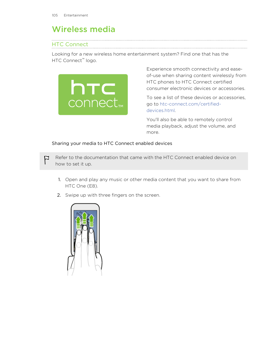 Wireless media, Htc connect, Sharing your media to htc connect enabled devices | HTC One E8 User Manual | Page 105 / 185
