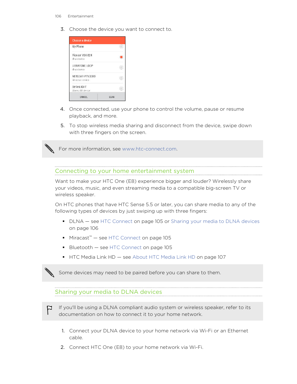 Connecting to your home entertainment system, Sharing your media to dlna devices | HTC One E8 User Manual | Page 106 / 185