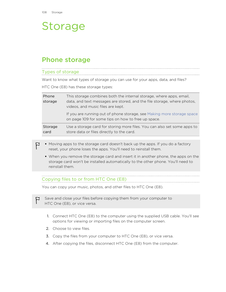 Storage, Phone storage, Types of storage | Copying files to or from htc one (e8) | HTC One E8 User Manual | Page 108 / 185