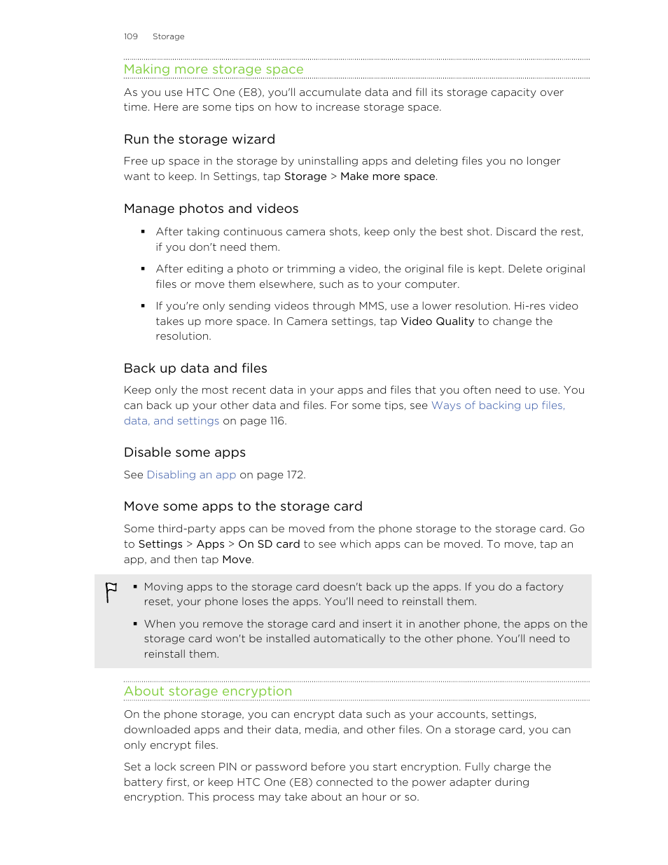 Making more storage space, About storage encryption | HTC One E8 User Manual | Page 109 / 185