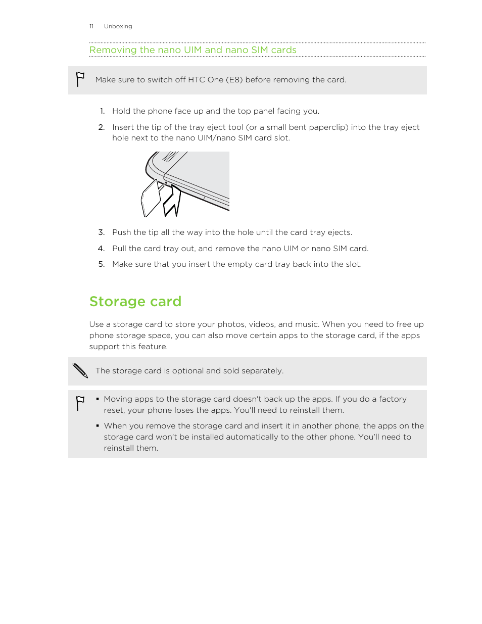 Removing the nano uim and nano sim cards, Storage card | HTC One E8 User Manual | Page 11 / 185