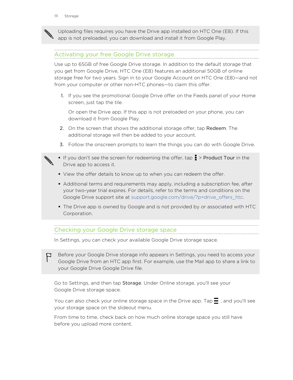 Activating your free google drive storage, Checking your google drive storage space | HTC One E8 User Manual | Page 111 / 185