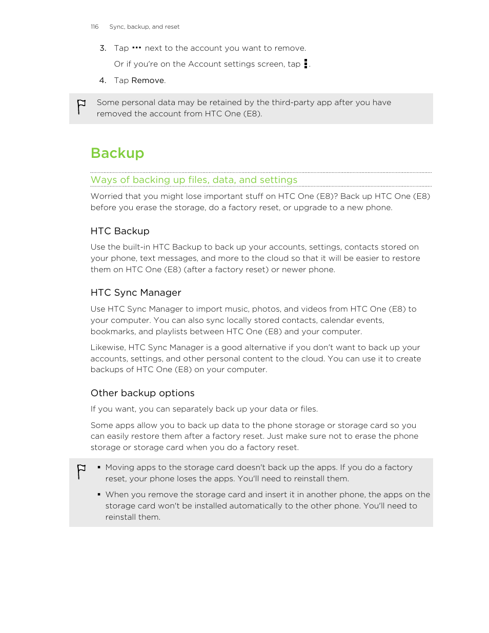 Backup, Ways of backing up files, data, and settings, Ways of backing up files | Data, and settings | HTC One E8 User Manual | Page 116 / 185