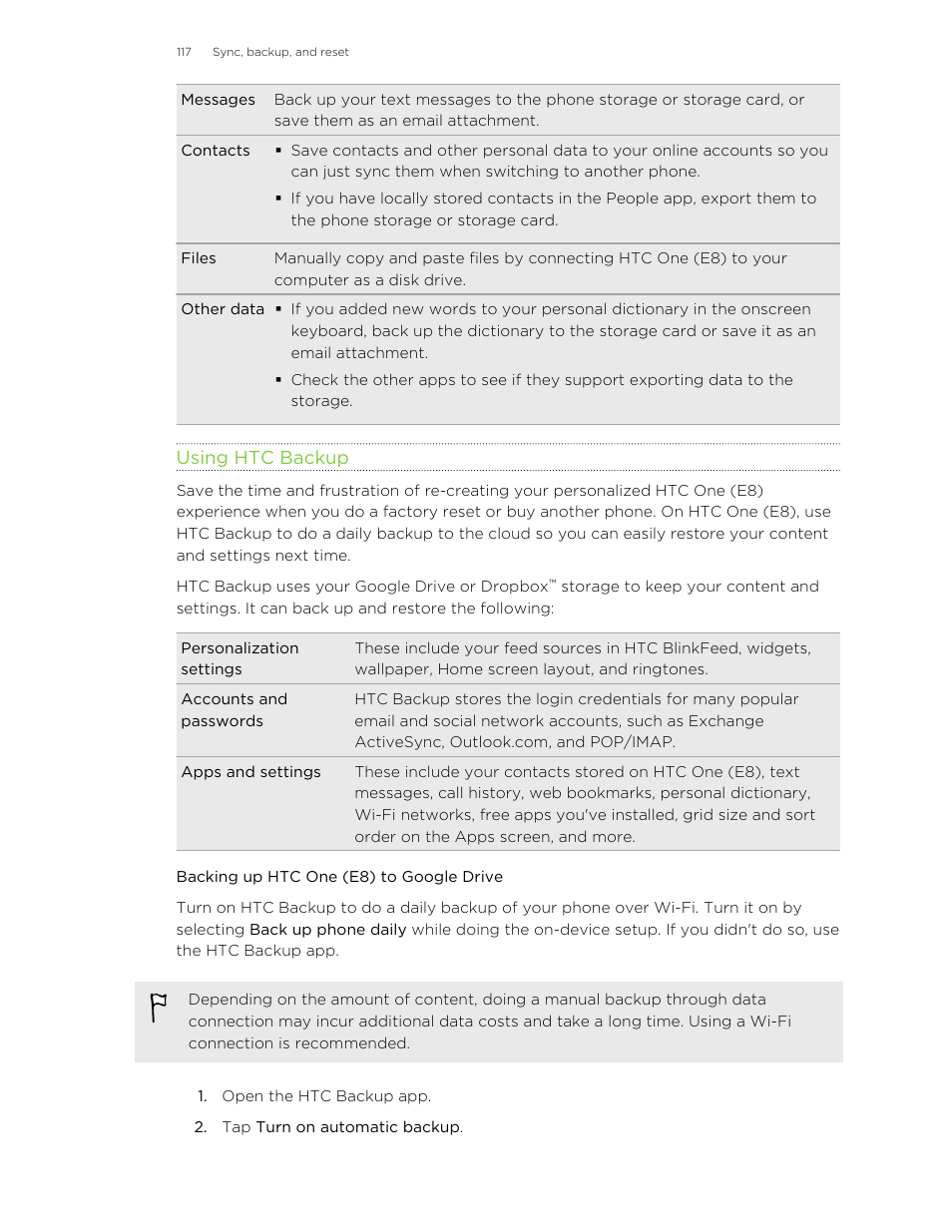 Using htc backup, Backing up htc one (e8) to google drive | HTC One E8 User Manual | Page 117 / 185