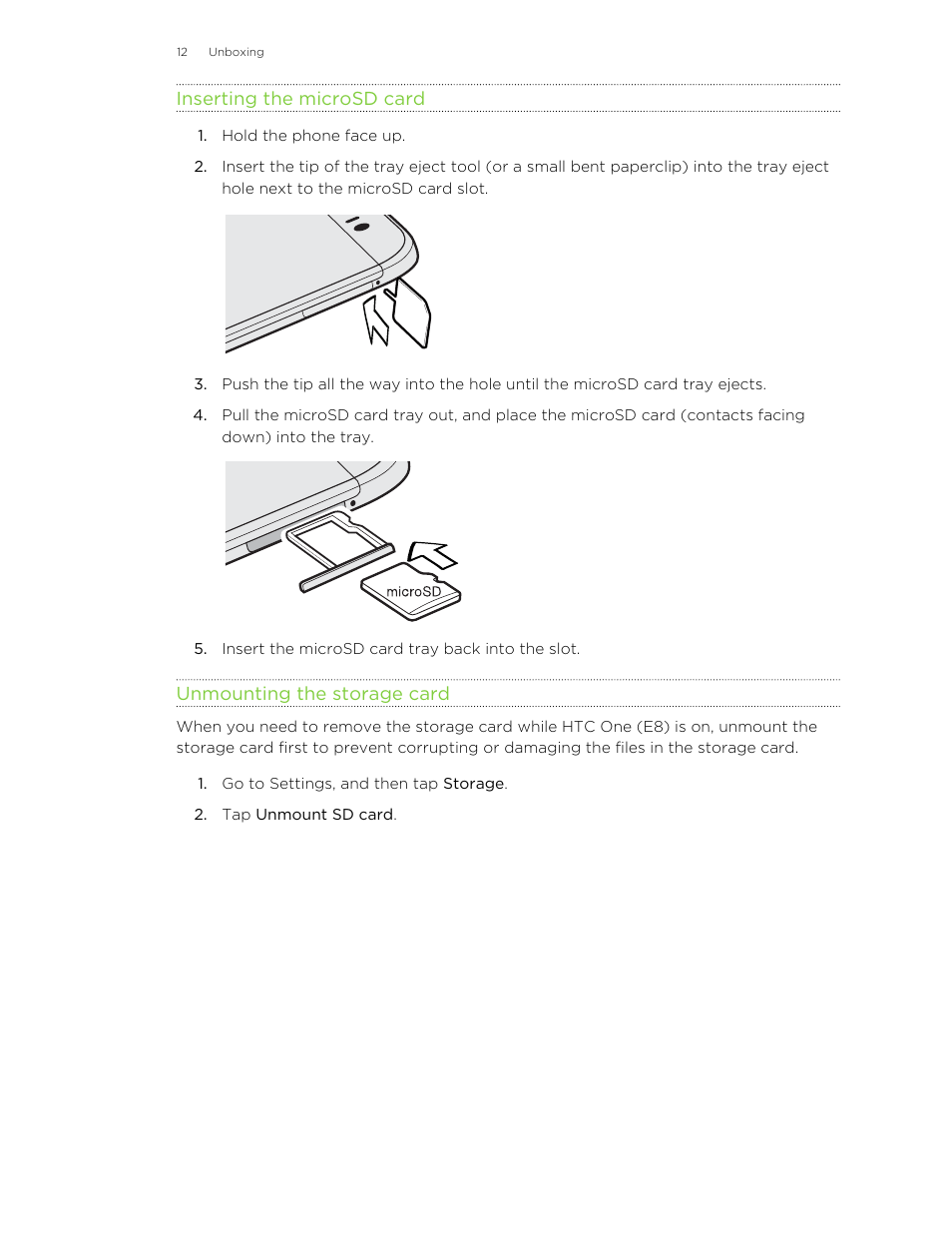 Inserting the microsd card, Unmounting the storage card | HTC One E8 User Manual | Page 12 / 185