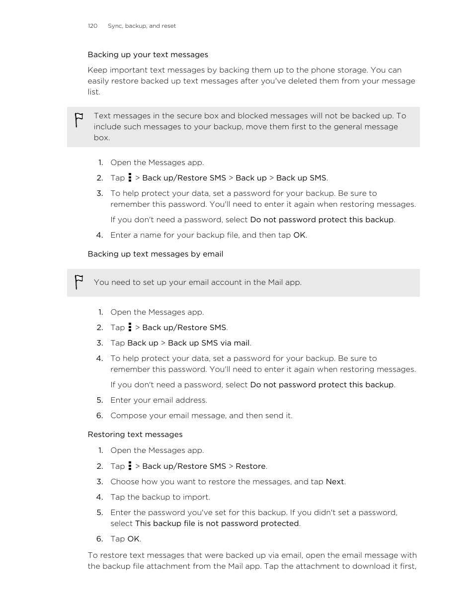 Backing up your text messages, Backing up text messages by email, Restoring text messages | HTC One E8 User Manual | Page 120 / 185