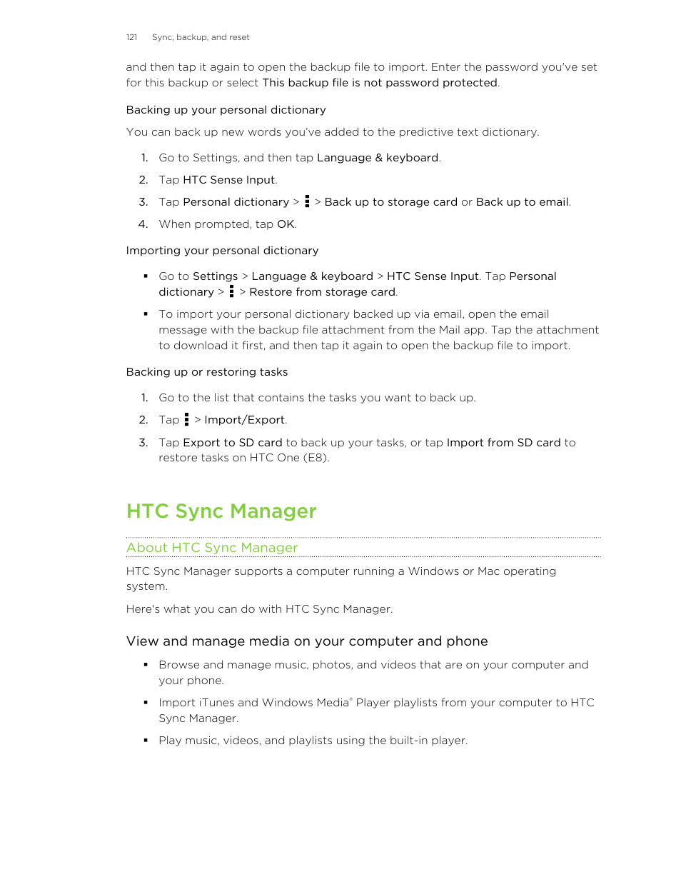 Backing up your personal dictionary, Importing your personal dictionary, Backing up or restoring tasks | Htc sync manager, About htc sync manager | HTC One E8 User Manual | Page 121 / 185
