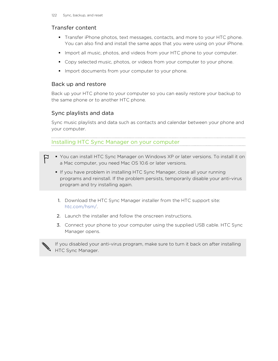 Installing htc sync manager on your computer | HTC One E8 User Manual | Page 122 / 185