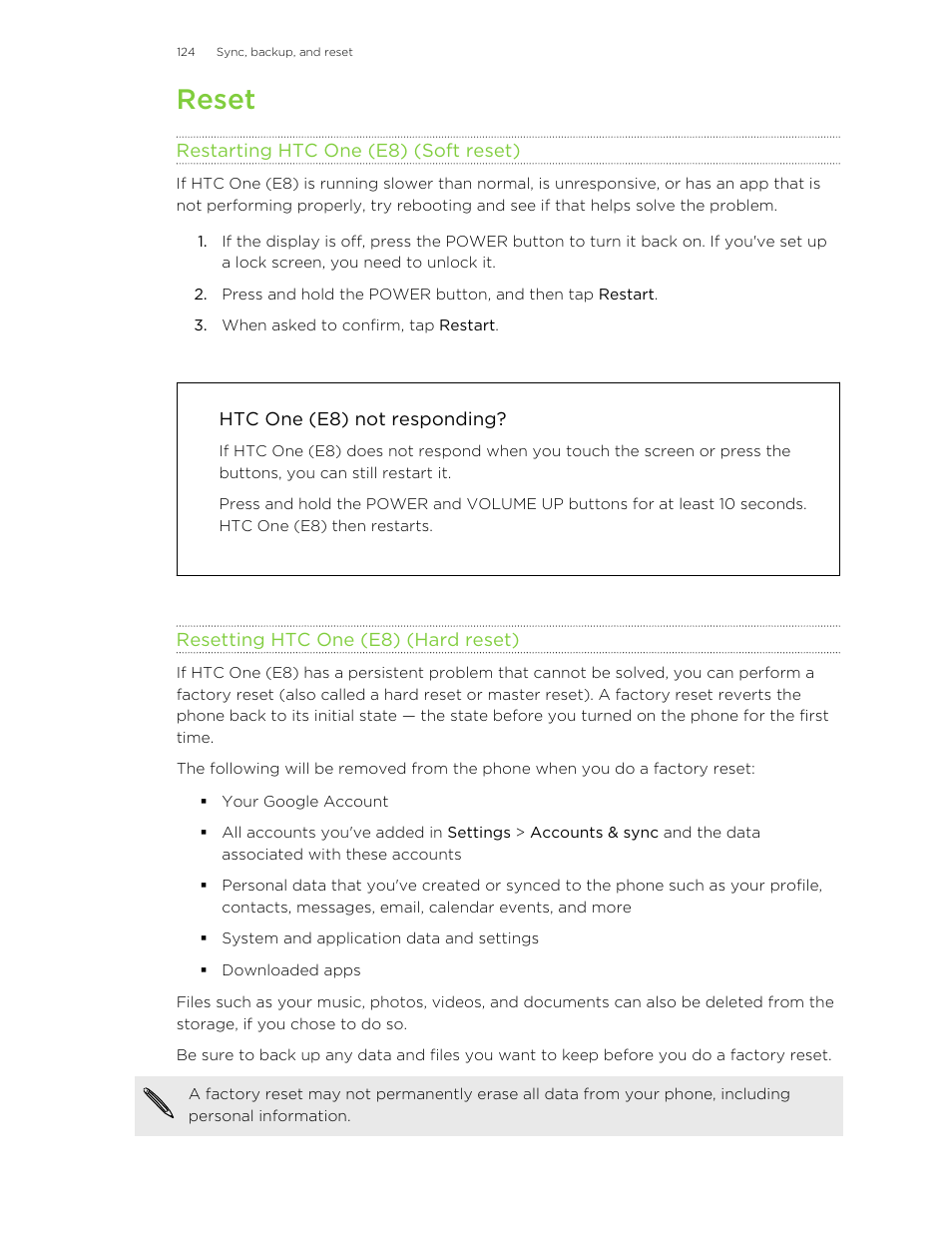 Reset, Restarting htc one (e8) (soft reset), Htc one (e8) not responding | Resetting htc one (e8) (hard reset) | HTC One E8 User Manual | Page 124 / 185