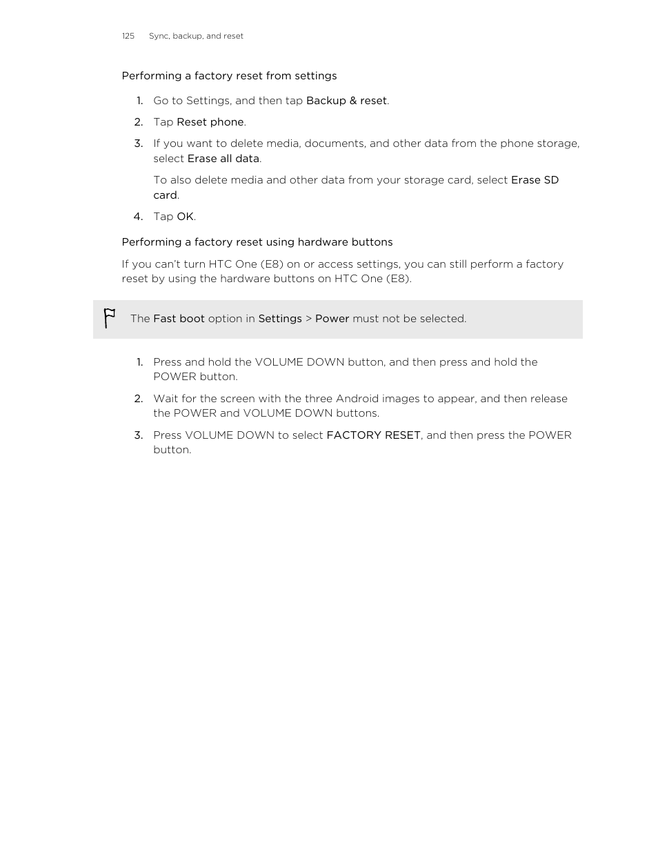 Performing a factory reset from settings, Performing a factory reset using hardware buttons | HTC One E8 User Manual | Page 125 / 185