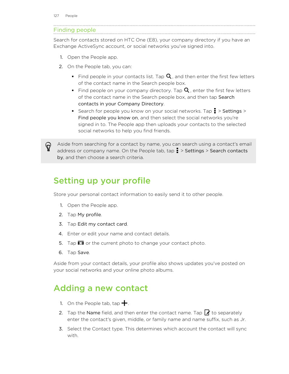 Finding people, Setting up your profile, Adding a new contact | HTC One E8 User Manual | Page 127 / 185