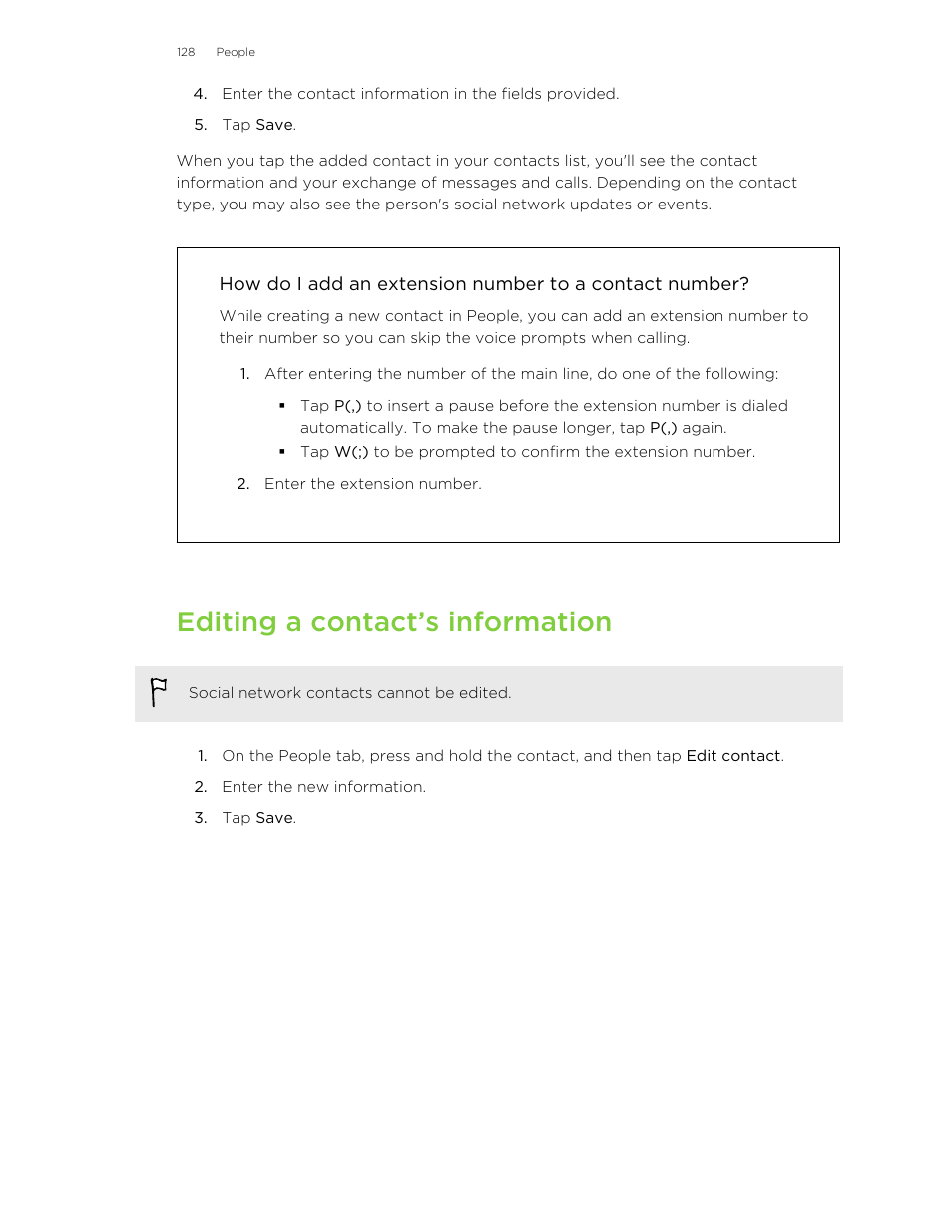 Editing a contact’s information | HTC One E8 User Manual | Page 128 / 185