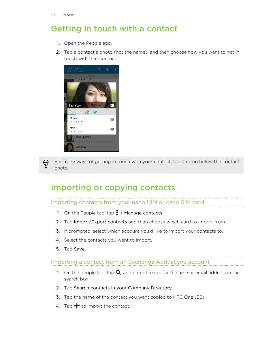 Getting in touch with a contact, Importing or copying contacts | HTC One E8 User Manual | Page 129 / 185