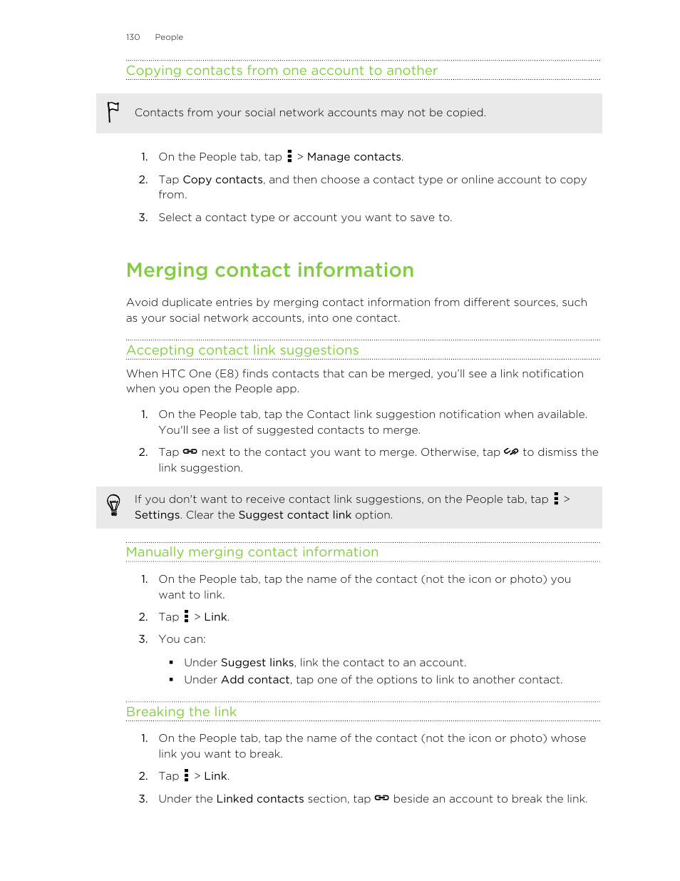 Copying contacts from one account to another, Merging contact information, Accepting contact link suggestions | Manually merging contact information, Breaking the link | HTC One E8 User Manual | Page 130 / 185