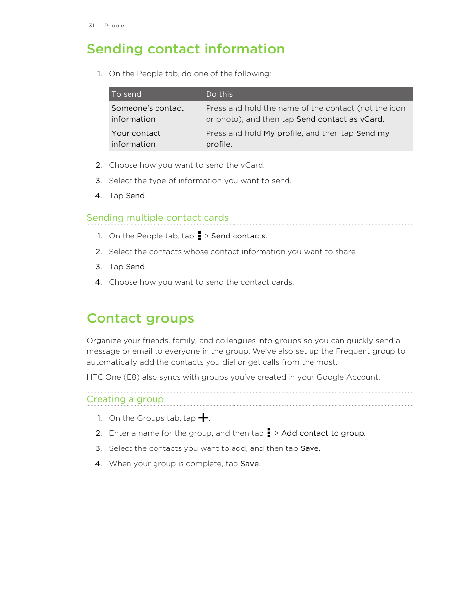 Sending contact information, Sending multiple contact cards, Contact groups | Creating a group | HTC One E8 User Manual | Page 131 / 185