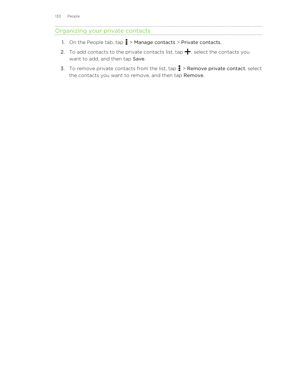 Organizing your private contacts | HTC One E8 User Manual | Page 133 / 185