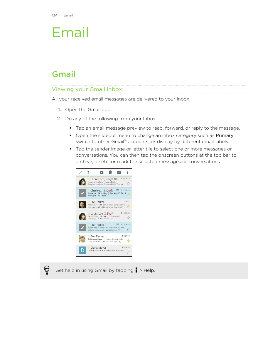 Email, Gmail, Viewing your gmail inbox | HTC One E8 User Manual | Page 134 / 185